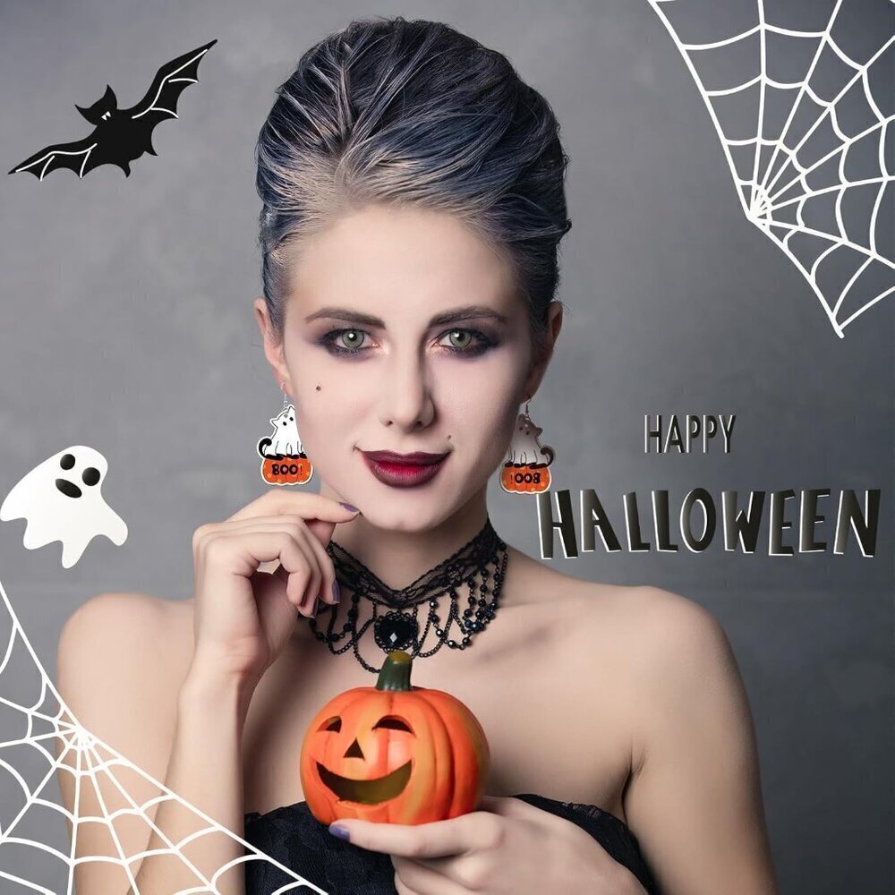 Halloween Earrings Women Ghost Cat Wooden Dangle Jewelry Gift Set 12 Pairs - Picture 4 of 6